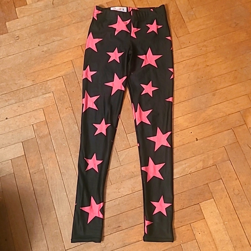 Sun Lovin' Roots Black Leggings With Hot Pink Stars Size Xs